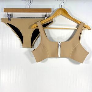 Hoaka‎ Swimwear Neoprene 2 Piece Bikini Swimsuit Zip Top Beige Womens Large XL